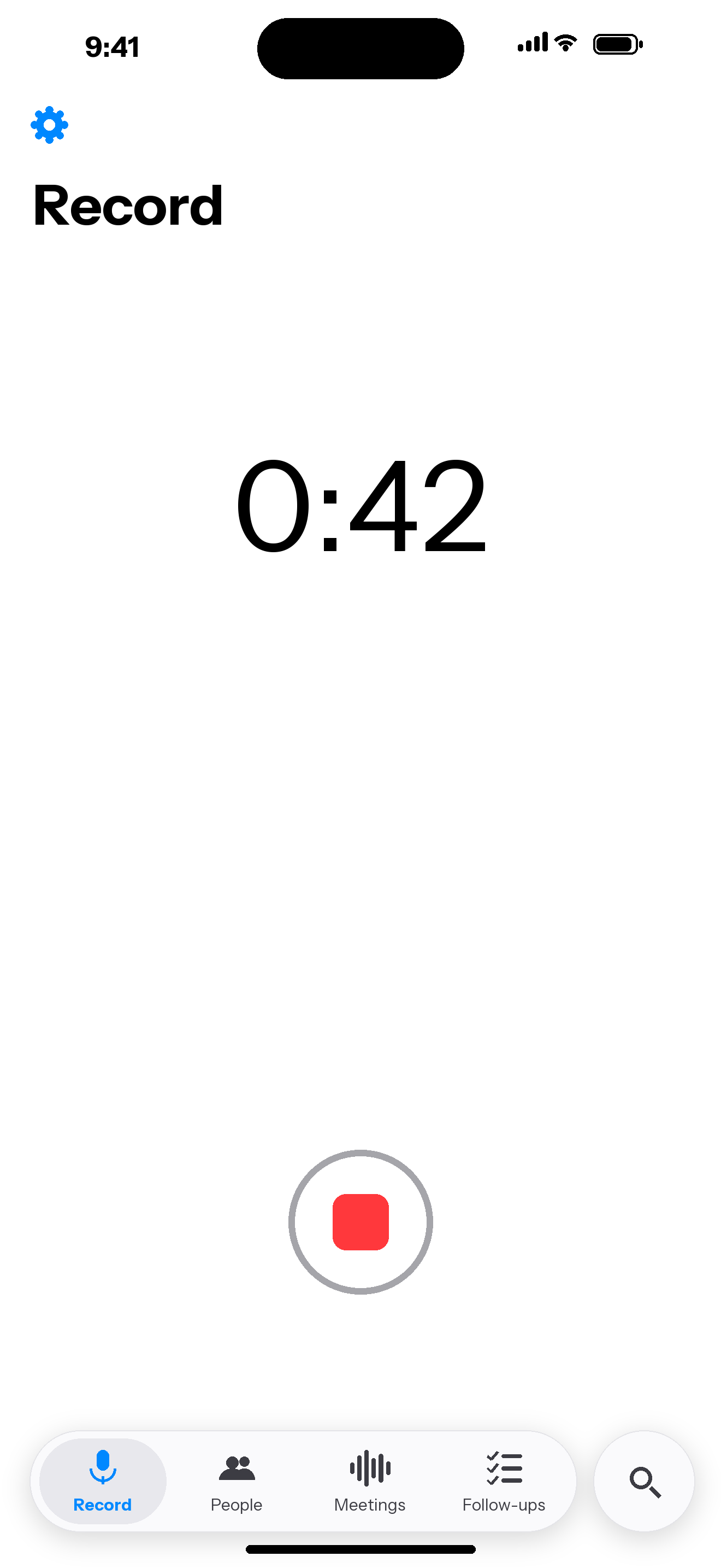 Rapport’s Record screen with a voice note in progress and tabs for People, Meetings and Follow-ups.